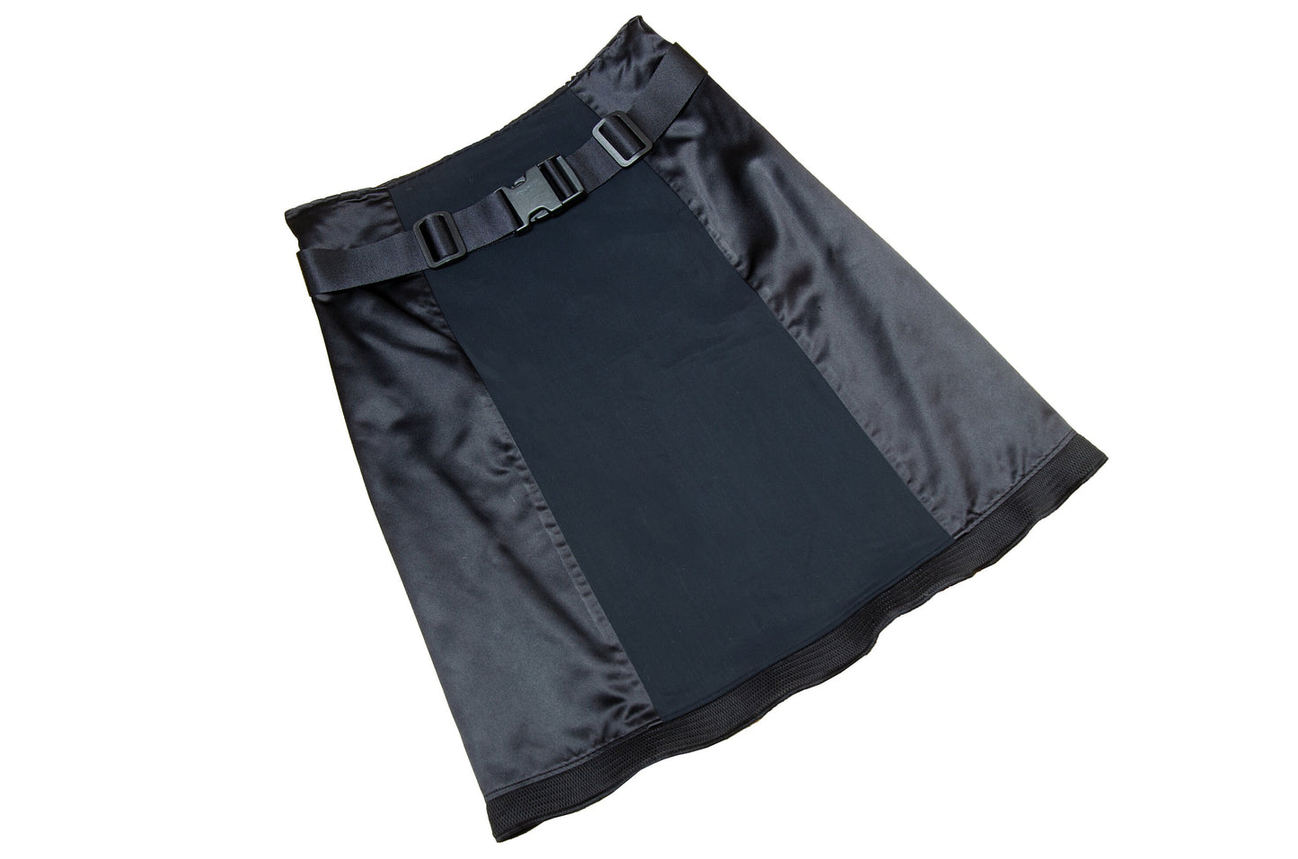 1999 Miu Miu technical clip buckle silk and neoprene black skirt
