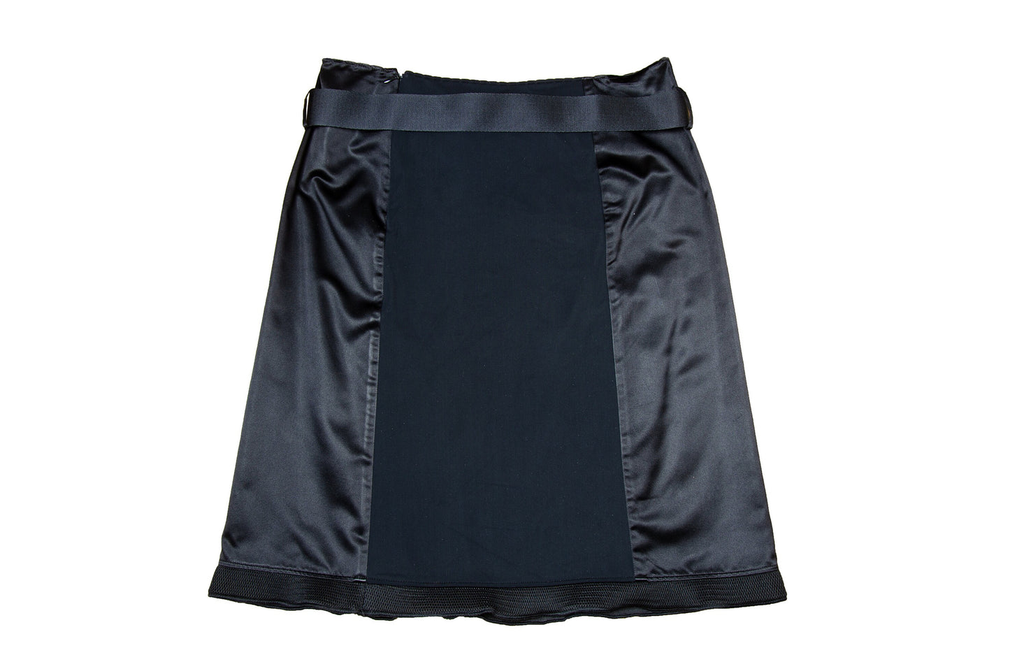 1999 Miu Miu technical clip buckle silk and neoprene black skirt
