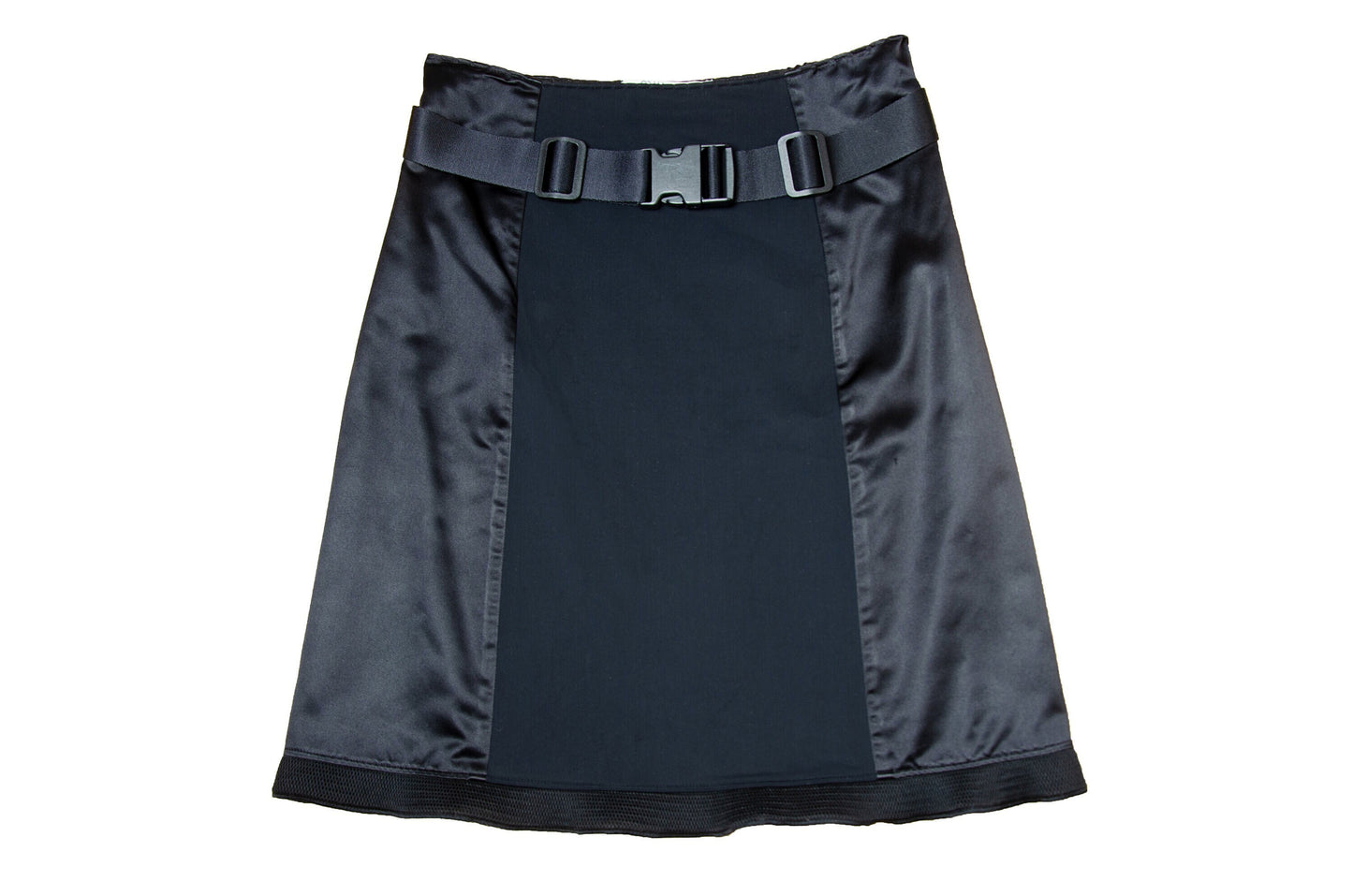 1999 Miu Miu technical clip buckle silk and neoprene black skirt