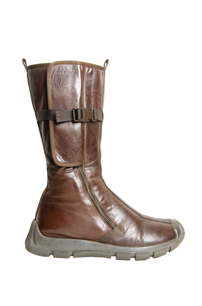 Archive 1999 Miu Miu brown leather boots / Technical clip buckle Miu Miu boots