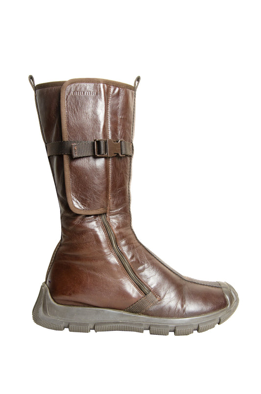 Archive 1999 Miu Miu brown leather boots / Technical clip buckle Miu Miu boots