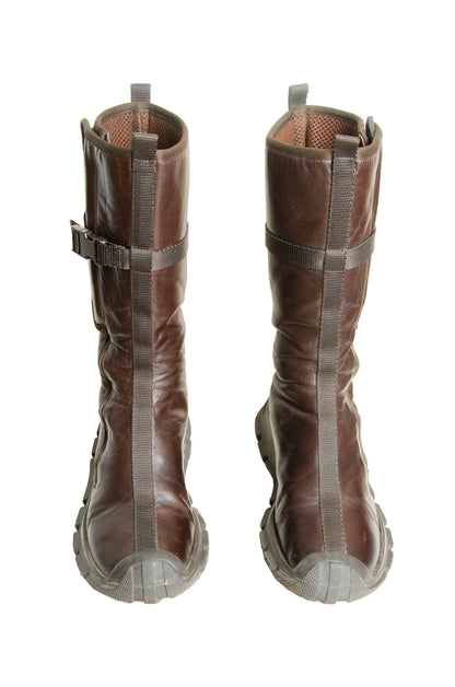 Archive 1999 Miu Miu brown leather boots / Technical clip buckle Miu Miu boots