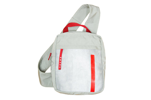 90s Prada Sport sling backpack / Prada Linea Rossa technical backpack / Prada greige sling velcro strap tactical bag