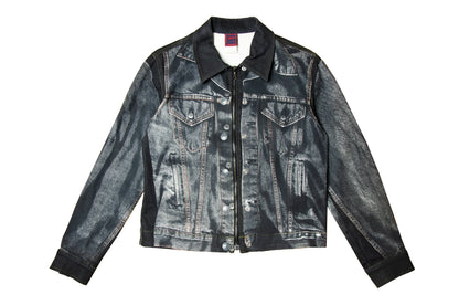 90s Jean Paul Gaultier Trompe l'Oeil denim trucker jacket / AW98 archive Gaultier collector printed dark grey and black jeans jacket
