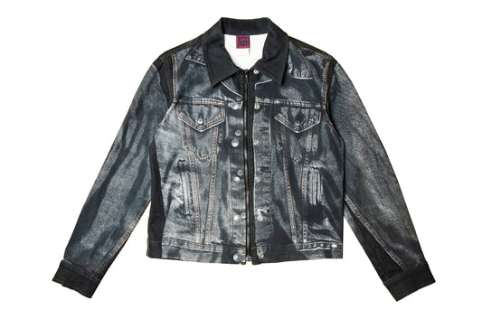 90s Jean Paul Gaultier Trompe l'Oeil denim trucker jacket / AW98 archive Gaultier collector printed dark grey and black jeans jacket
