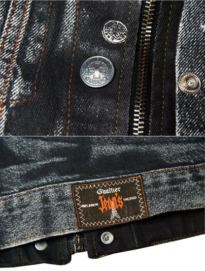 90s Jean Paul Gaultier Trompe l'Oeil denim trucker jacket / AW98 archive Gaultier collector printed dark grey and black jeans jacket