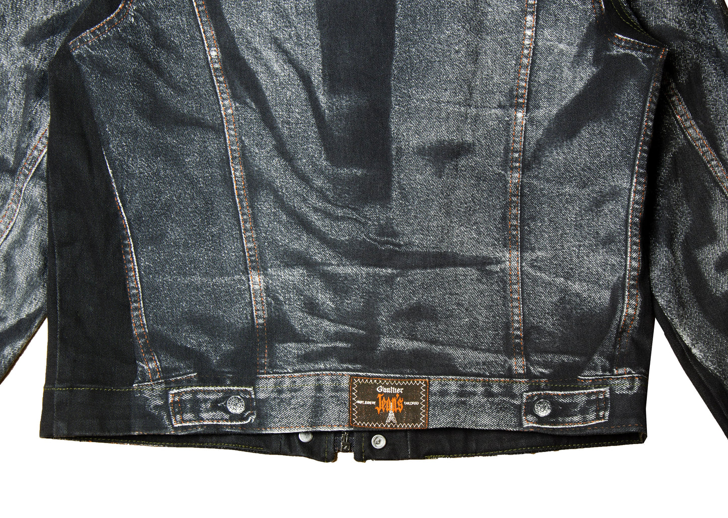 90s Jean Paul Gaultier Trompe l'Oeil denim trucker jacket / AW98 archive Gaultier collector printed dark grey and black jeans jacket