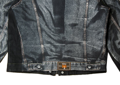 90s Jean Paul Gaultier Trompe l'Oeil denim trucker jacket / AW98 archive Gaultier collector printed dark grey and black jeans jacket