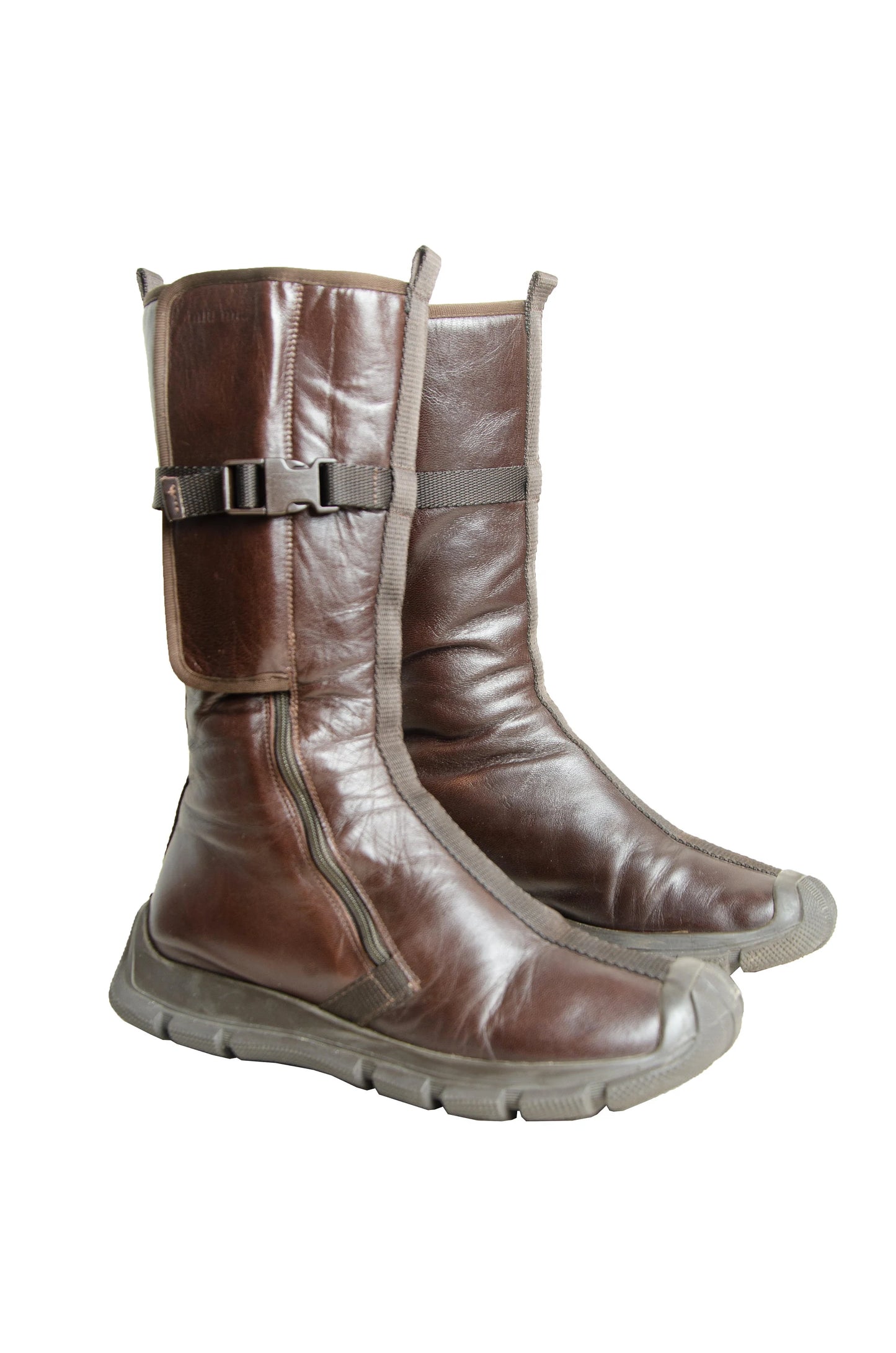 Archive 1999 Miu Miu brown leather boots / Technical clip buckle Miu Miu boots