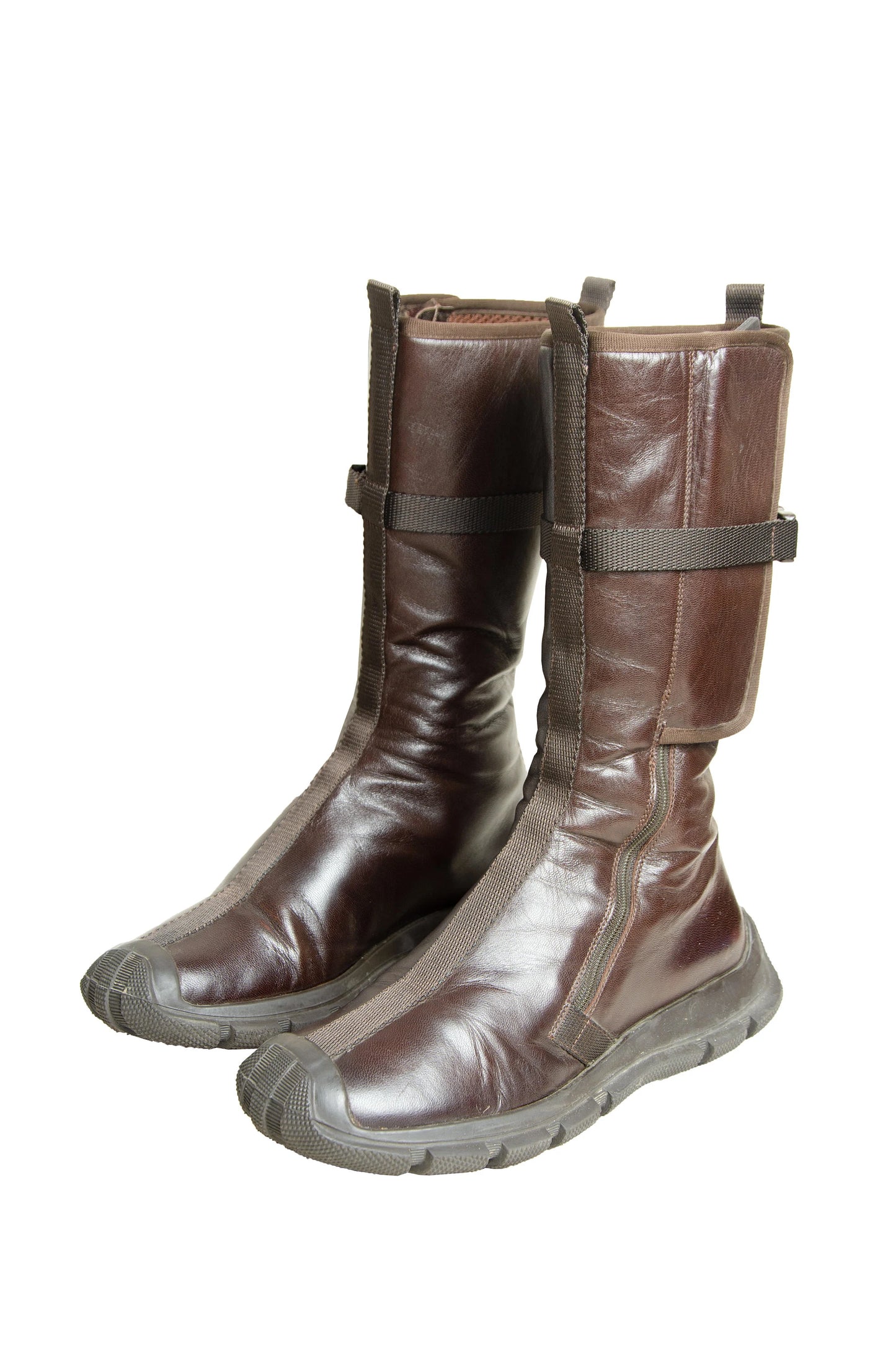 Archive 1999 Miu Miu brown leather boots / Technical clip buckle Miu Miu boots
