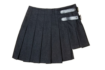 90s Dolce & Gabbana charcoal grey wool mini pleated skirt / Black leather buckles dark grey woolen high low over the knee skirt