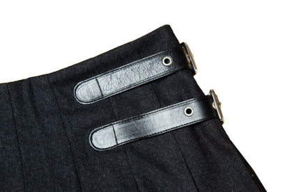 90s Dolce & Gabbana charcoal grey wool mini pleated skirt / Black leather buckles dark grey woolen high low over the knee skirt