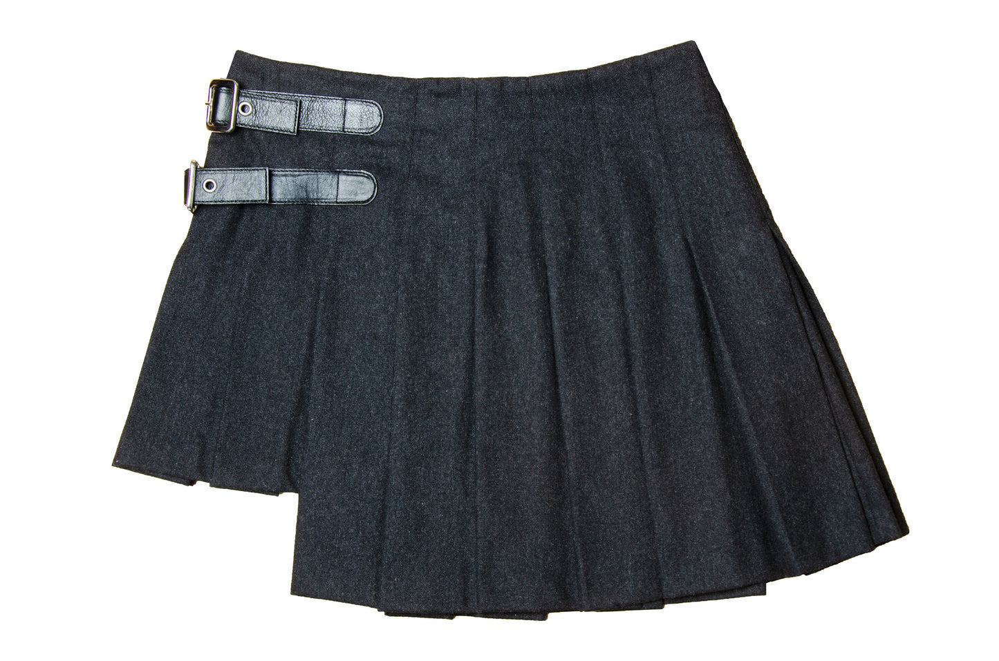 90s Dolce & Gabbana charcoal grey wool mini pleated skirt / Black leather buckles dark grey woolen high low over the knee skirt