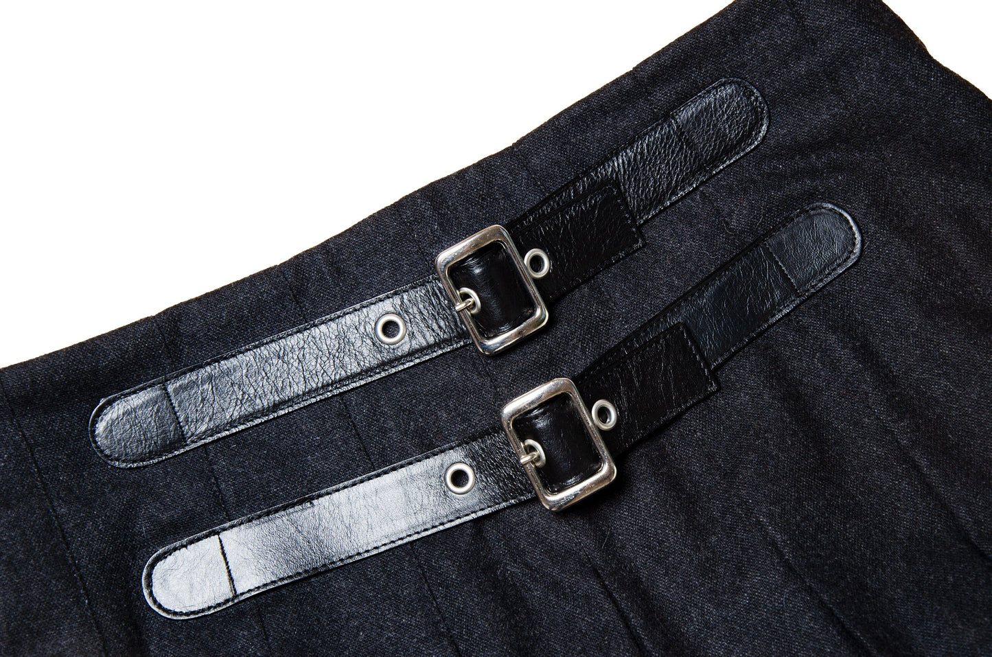 90s Dolce & Gabbana charcoal grey wool mini pleated skirt / Black leather buckles dark grey woolen high low over the knee skirt