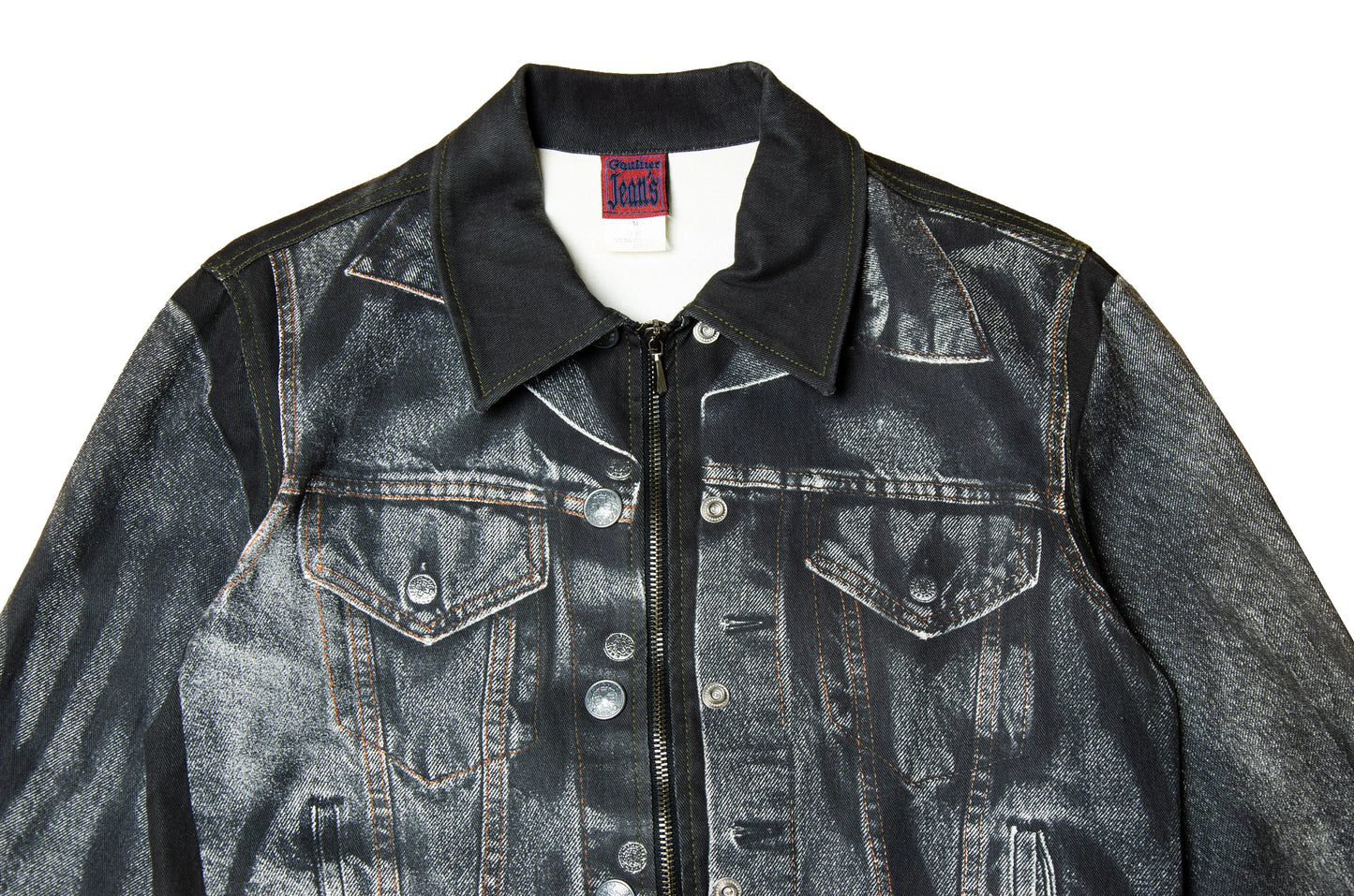 90s Jean Paul Gaultier Trompe l'Oeil denim trucker jacket / AW98 archive Gaultier collector printed dark grey and black jeans jacket