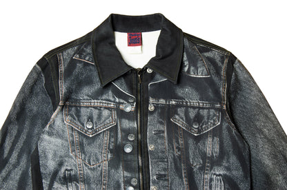 90s Jean Paul Gaultier Trompe l'Oeil denim trucker jacket / AW98 archive Gaultier collector printed dark grey and black jeans jacket