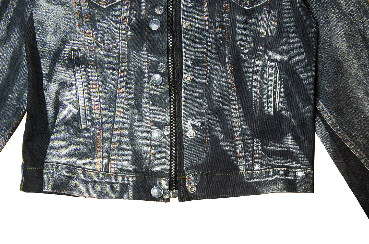 90s Jean Paul Gaultier Trompe l'Oeil denim trucker jacket / AW98 archive Gaultier collector printed dark grey and black jeans jacket