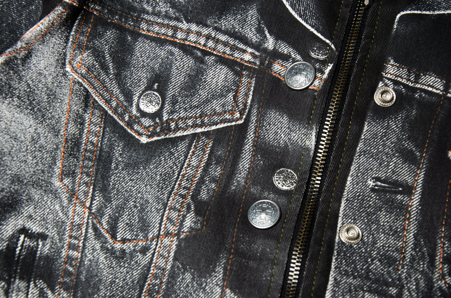 90s Jean Paul Gaultier Trompe l'Oeil denim trucker jacket / AW98 archive Gaultier collector printed dark grey and black jeans jacket
