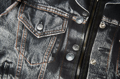 90s Jean Paul Gaultier Trompe l'Oeil denim trucker jacket / AW98 archive Gaultier collector printed dark grey and black jeans jacket