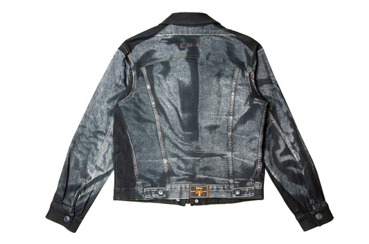 90s Jean Paul Gaultier Trompe l'Oeil denim trucker jacket / AW98 archive Gaultier collector printed dark grey and black jeans jacket