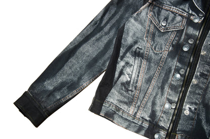 90s Jean Paul Gaultier Trompe l'Oeil denim trucker jacket / AW98 archive Gaultier collector printed dark grey and black jeans jacket