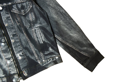 90s Jean Paul Gaultier Trompe l'Oeil denim trucker jacket / AW98 archive Gaultier collector printed dark grey and black jeans jacket