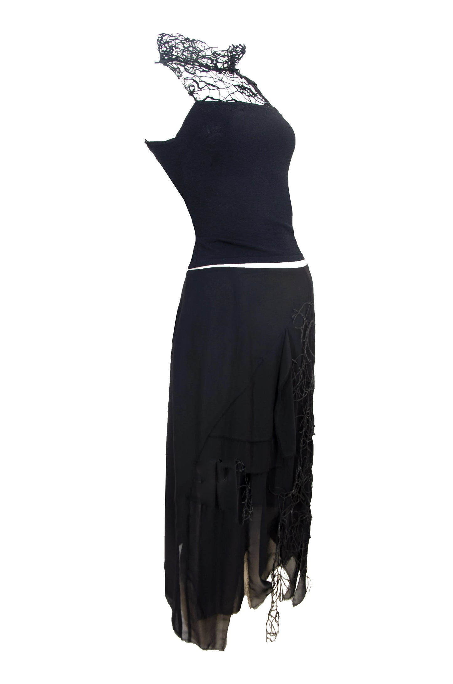Vintage Amaya Arzuaga couture two piece set / Deconstructed high neck loose open knit sleeveless top + asymmetrical layered silk skirt
