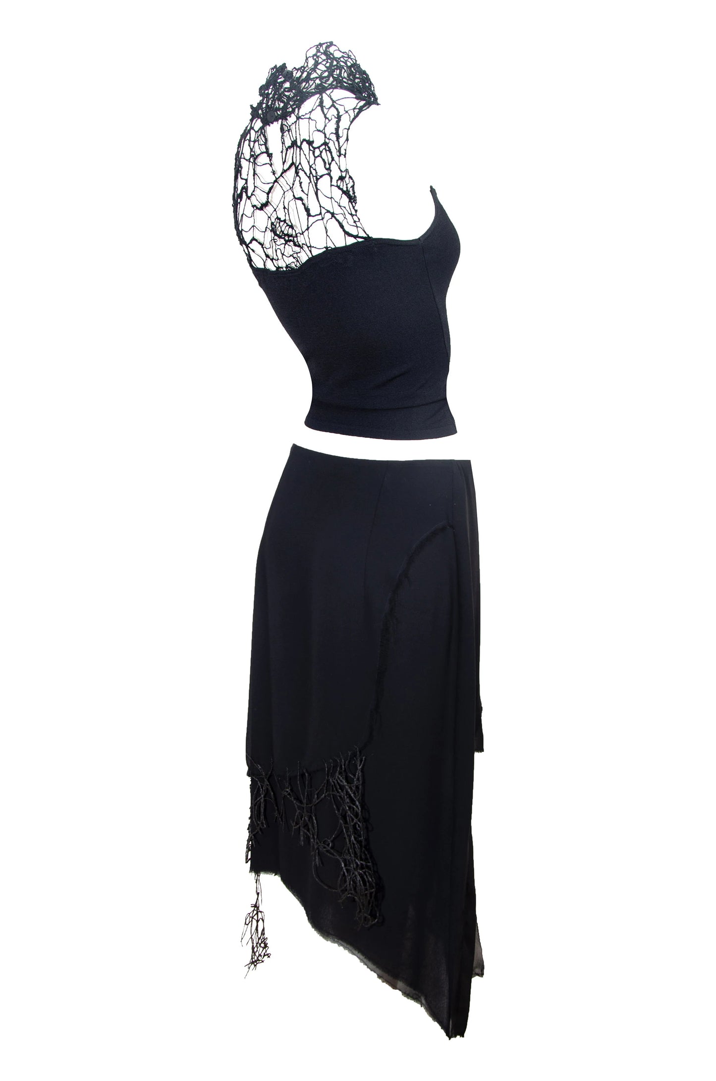 Vintage Amaya Arzuaga couture two piece set / Deconstructed high neck loose open knit sleeveless top + asymmetrical layered silk skirt