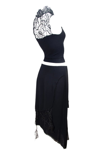 Vintage Amaya Arzuaga couture two piece set / Deconstructed high neck loose open knit sleeveless top + asymmetrical layered silk skirt