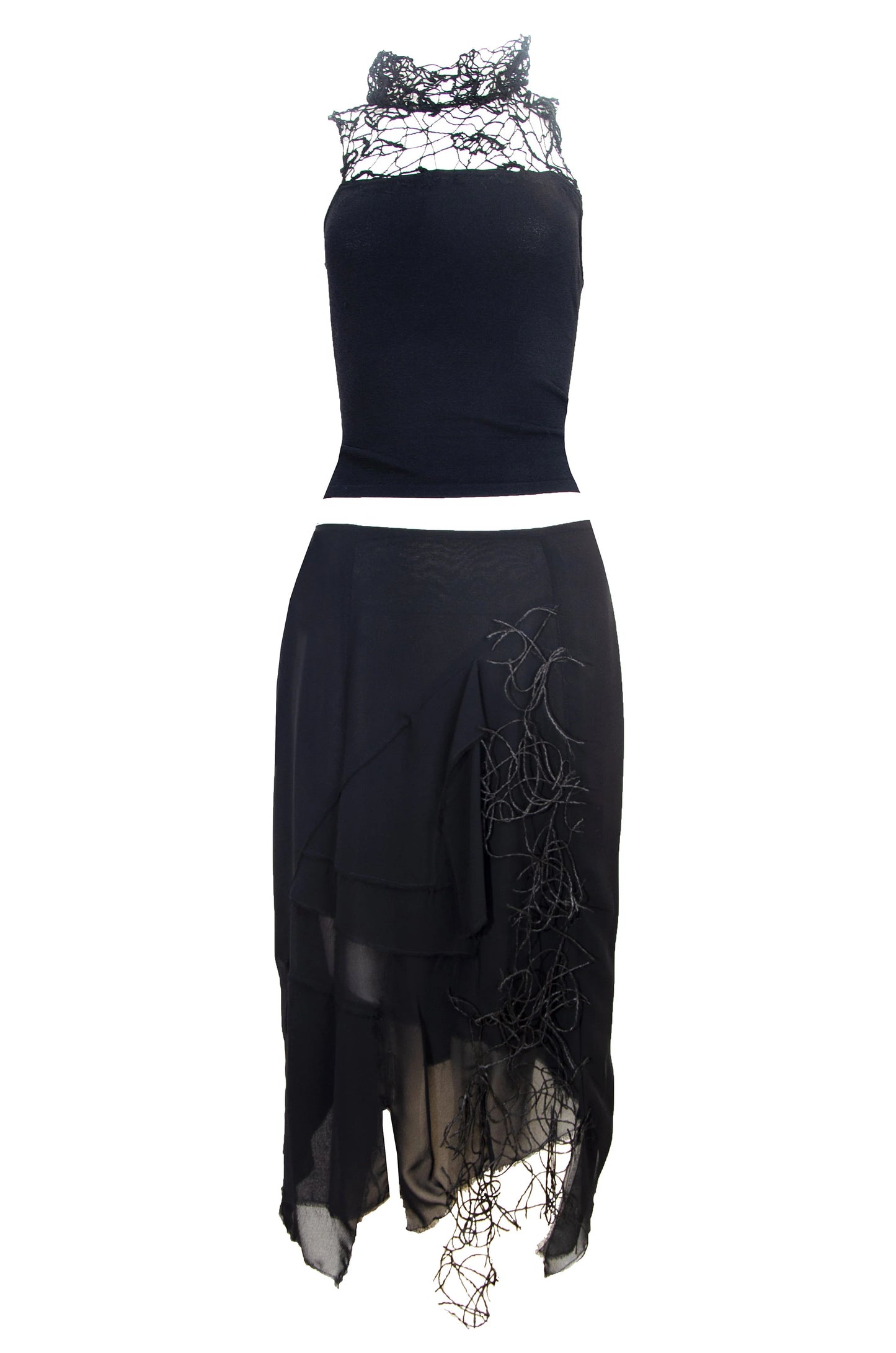 Vintage Amaya Arzuaga couture two piece set / Deconstructed high neck loose open knit sleeveless top + asymmetrical layered silk skirt