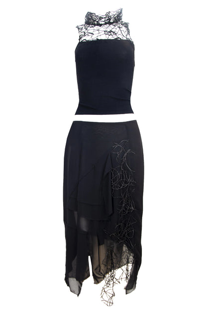Vintage Amaya Arzuaga couture two piece set / Deconstructed high neck loose open knit sleeveless top + asymmetrical layered silk skirt