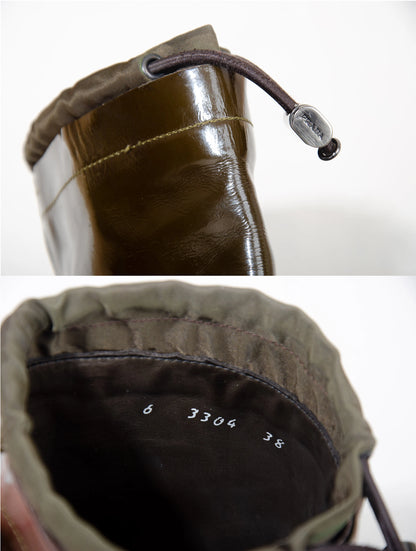 90s Prada chunky Vibram sole brown patent leather boots / Prada sport square toe technical nylon drawstring rain boots