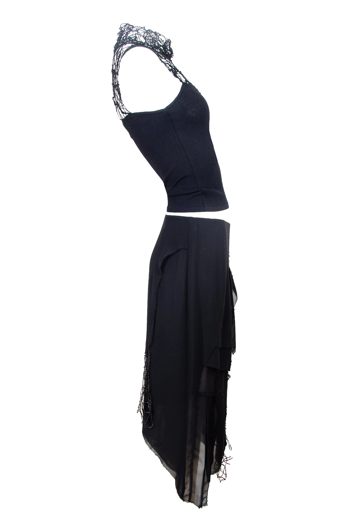 Vintage Amaya Arzuaga couture two piece set / Deconstructed high neck loose open knit sleeveless top + asymmetrical layered silk skirt