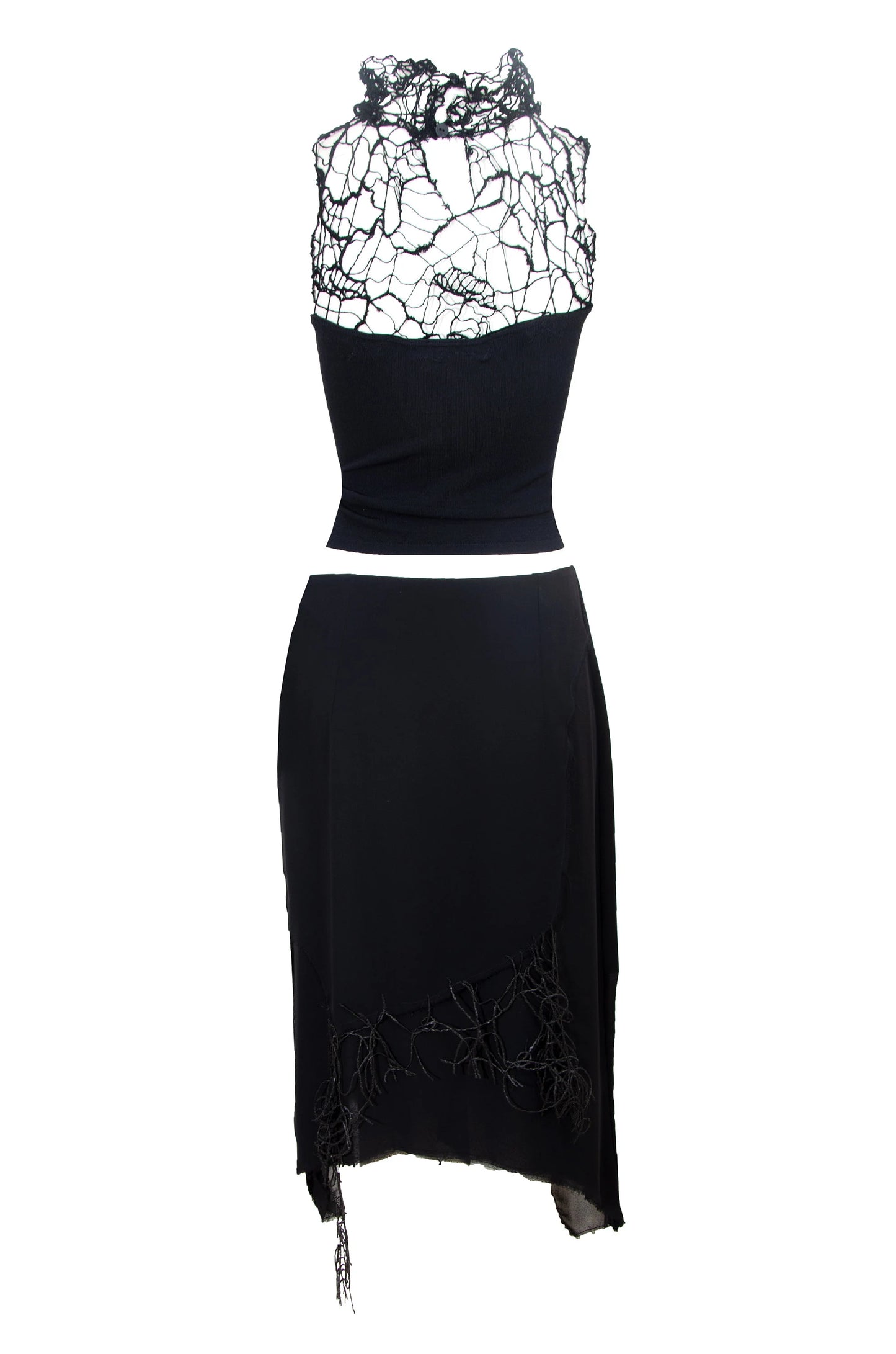 Vintage Amaya Arzuaga couture two piece set / Deconstructed high neck loose open knit sleeveless top + asymmetrical layered silk skirt