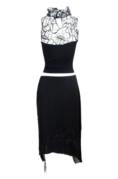 Vintage Amaya Arzuaga couture two piece set / Deconstructed high neck loose open knit sleeveless top + asymmetrical layered silk skirt