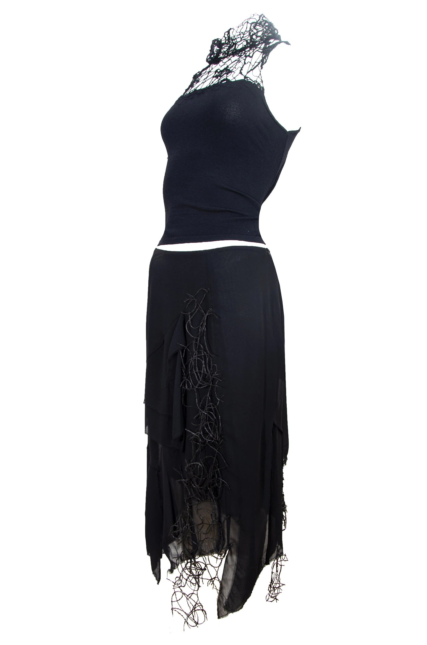 Vintage Amaya Arzuaga couture two piece set / Deconstructed high neck loose open knit sleeveless top + asymmetrical layered silk skirt