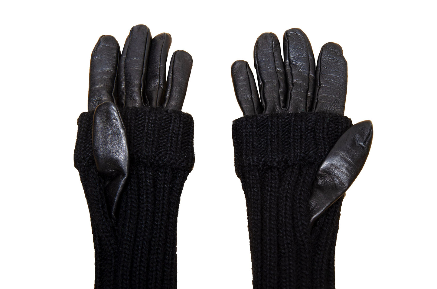 Vintage Sportmax Defile black leather and wool gloves / Sportmax black rib knit leather gloves / Leather gloves with integrated arm warmers