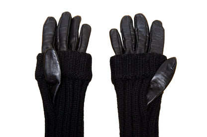Vintage Sportmax Defile black leather and wool gloves / Sportmax black rib knit leather gloves / Leather gloves with integrated arm warmers
