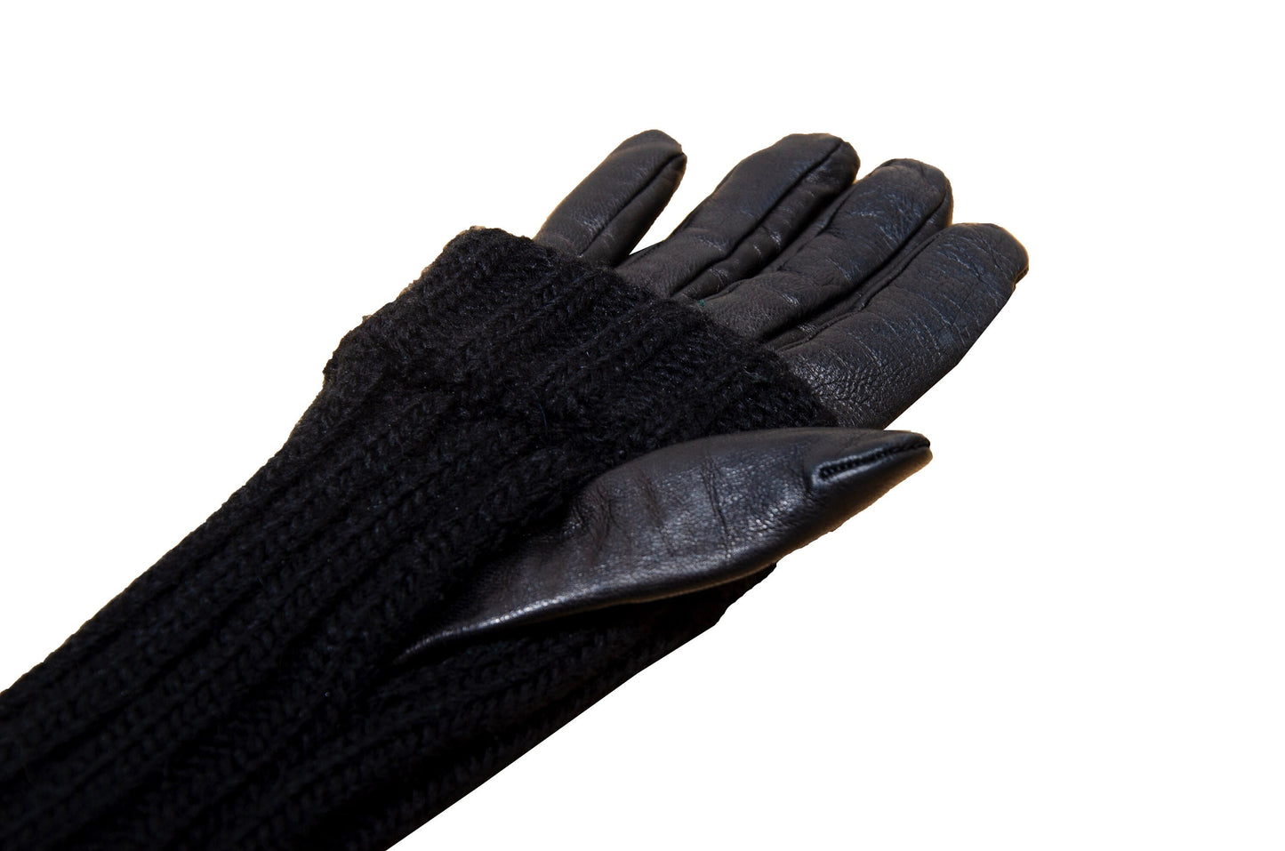 Vintage Sportmax Defile black leather and wool gloves / Sportmax black rib knit leather gloves / Leather gloves with integrated arm warmers
