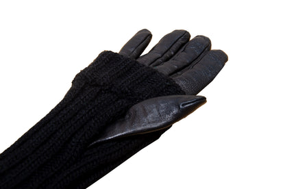 Vintage Sportmax Defile black leather and wool gloves / Sportmax black rib knit leather gloves / Leather gloves with integrated arm warmers