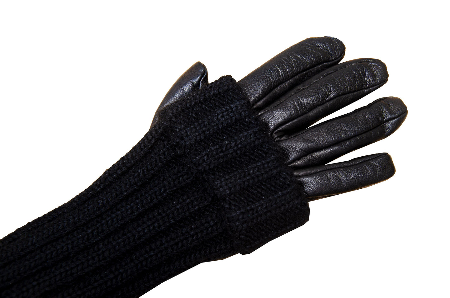 Vintage Sportmax Defile black leather and wool gloves / Sportmax black rib knit leather gloves / Leather gloves with integrated arm warmers