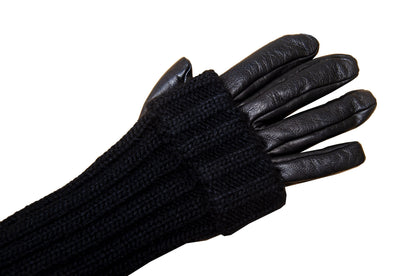Vintage Sportmax Defile black leather and wool gloves / Sportmax black rib knit leather gloves / Leather gloves with integrated arm warmers