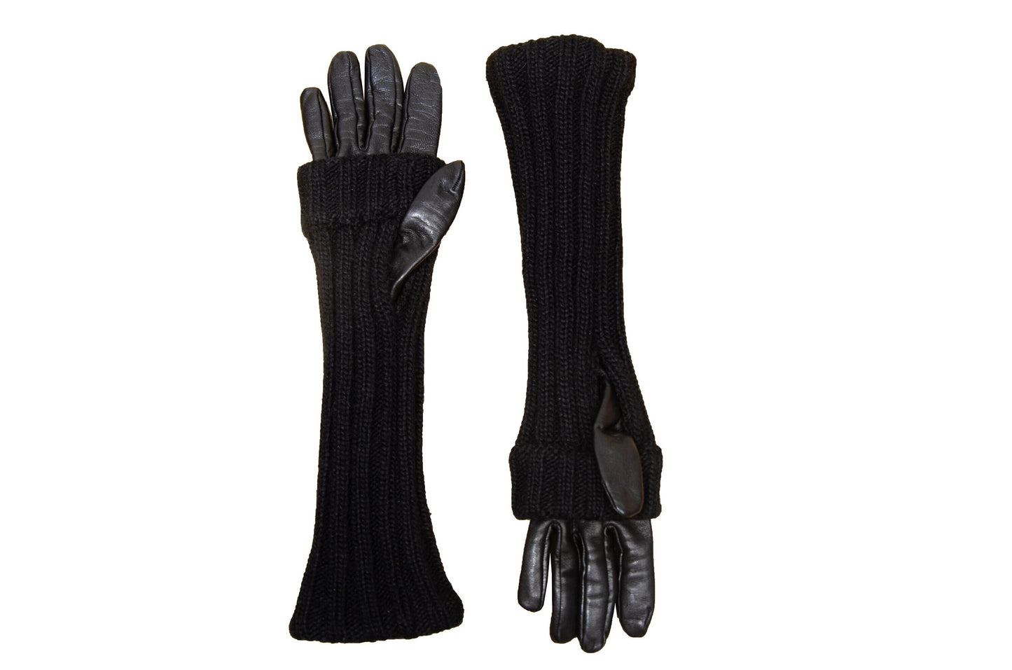 Vintage Sportmax Defile black leather and wool gloves / Sportmax black rib knit leather gloves / Leather gloves with integrated arm warmers
