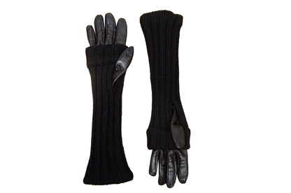 Vintage Sportmax Defile black leather and wool gloves / Sportmax black rib knit leather gloves / Leather gloves with integrated arm warmers
