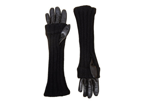 Vintage Sportmax Defile black leather and wool gloves / Sportmax black rib knit leather gloves / Leather gloves with integrated arm warmers