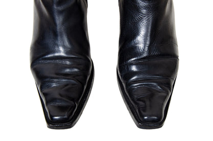 Vintage Ann Demeulemeester slanted heel black leather sock boots