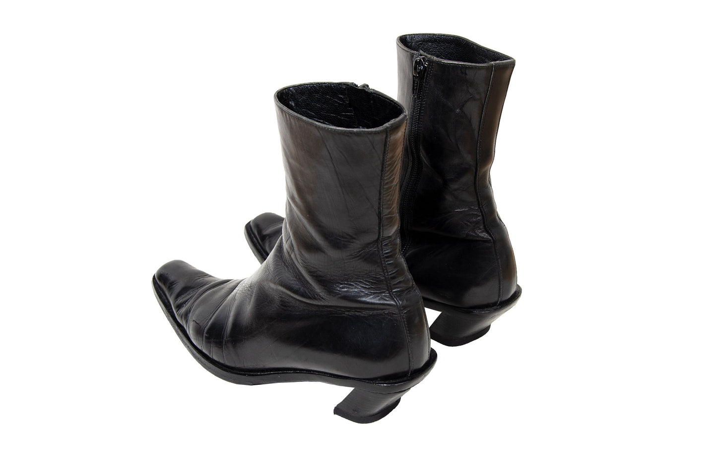 Vintage Ann Demeulemeester slanted heel black leather sock boots