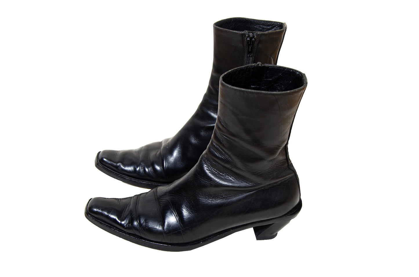 Vintage Ann Demeulemeester slanted heel black leather sock boots