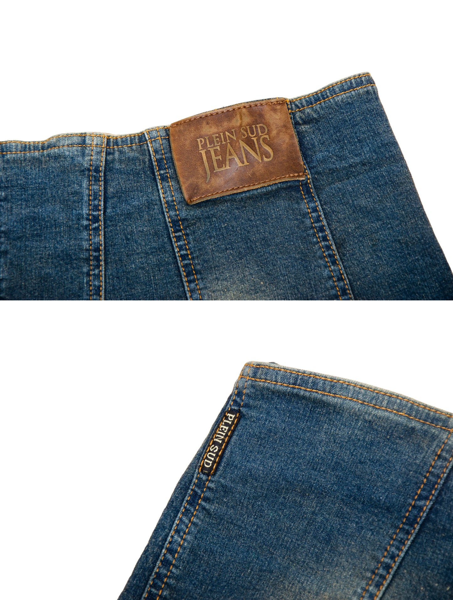 2000s Plein Sud asymmetrical raw hem mud wash low waist denim mini skirt
