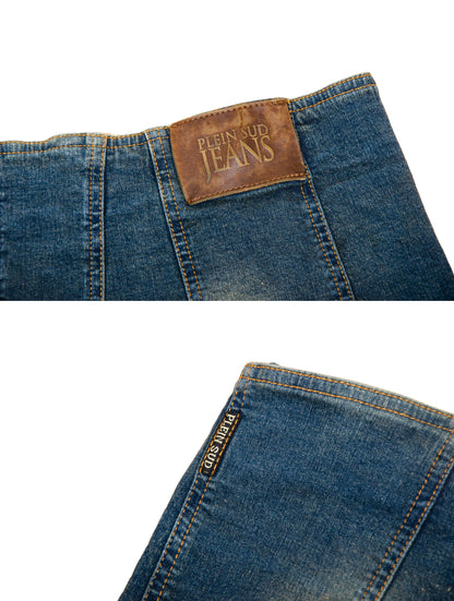 2000s Plein Sud asymmetrical raw hem mud wash low waist denim mini skirt